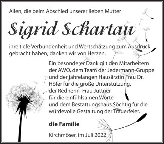 Traueranzeige von Sigrid Schartau von Märkische Oderzeitung