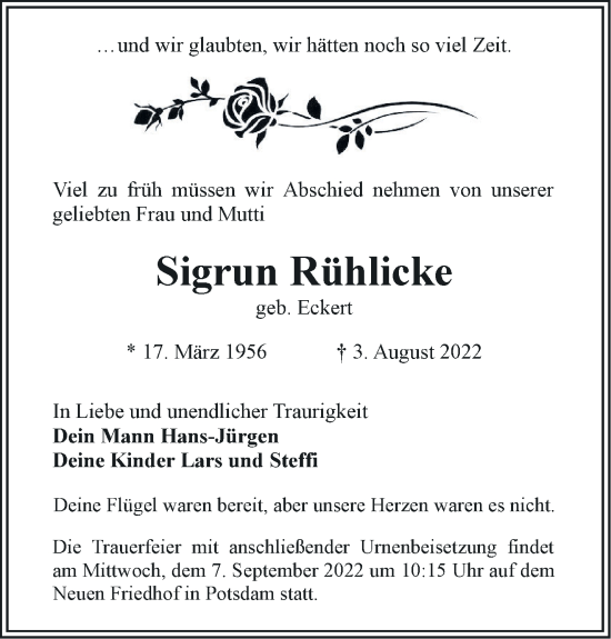 Traueranzeige von Sigrun Rühlicke von Märkische Oderzeitung