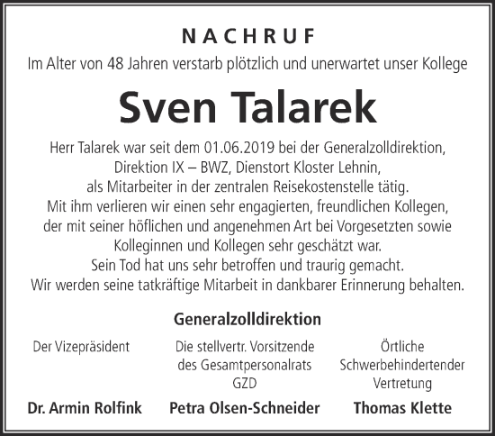 Traueranzeige von Sven Talarek von Märkische Oderzeitung