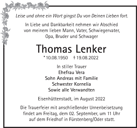 Traueranzeige von Thomas Lenker von Märkische Oderzeitung