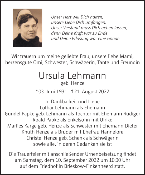 Traueranzeige von Ursula Lehmann von Märkische Oderzeitung