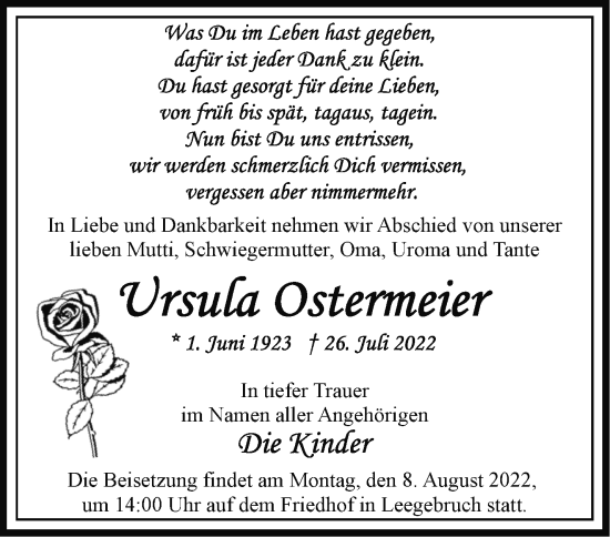 Traueranzeige von Ursula Ostermeier von Märkische Oderzeitung