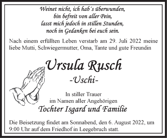 Traueranzeige von Ursula Rusch von Märkische Oderzeitung