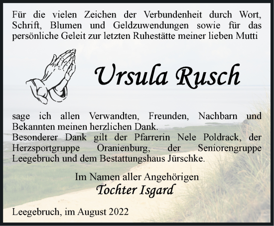 Traueranzeige von Ursula Rusch von Märkische Oderzeitung