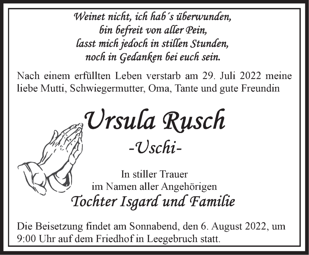 Traueranzeige für Ursula Rusch vom 02.08.2022 aus Märkische Oderzeitung