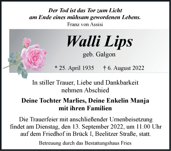 Traueranzeige von Walli Lips von Märkische Oderzeitung