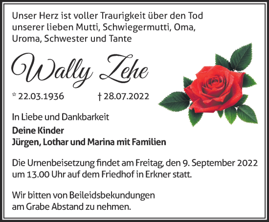 Traueranzeige von Wally Zehe von Märkische Oderzeitung