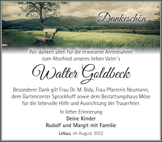 Traueranzeige von Walter Goldbeck von Märkische Oderzeitung