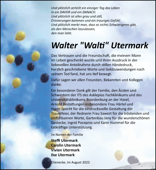 Traueranzeige von Walter Utermark von Märkische Oderzeitung