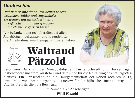 Traueranzeige von Waltraud Pätzold von Märkische Oderzeitung