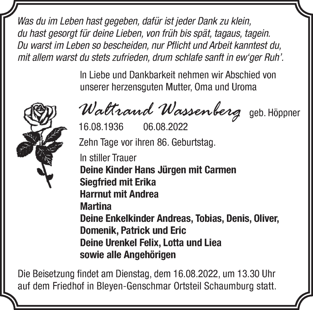  Traueranzeige für Waltraud Wassenberg vom 11.08.2022 aus Märkische Oderzeitung