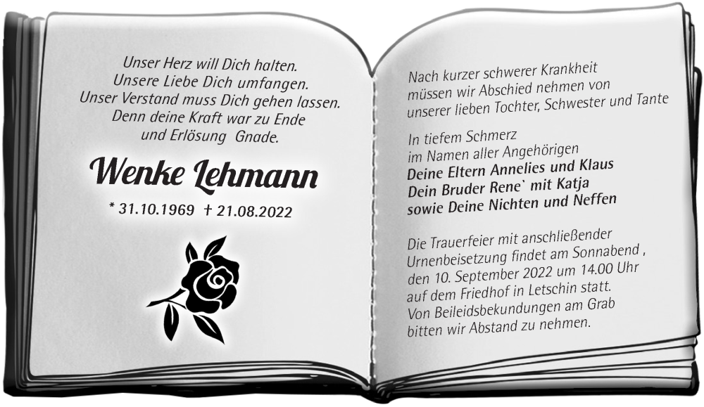  Traueranzeige für Wenke Lehmann vom 27.08.2022 aus Märkische Oderzeitung