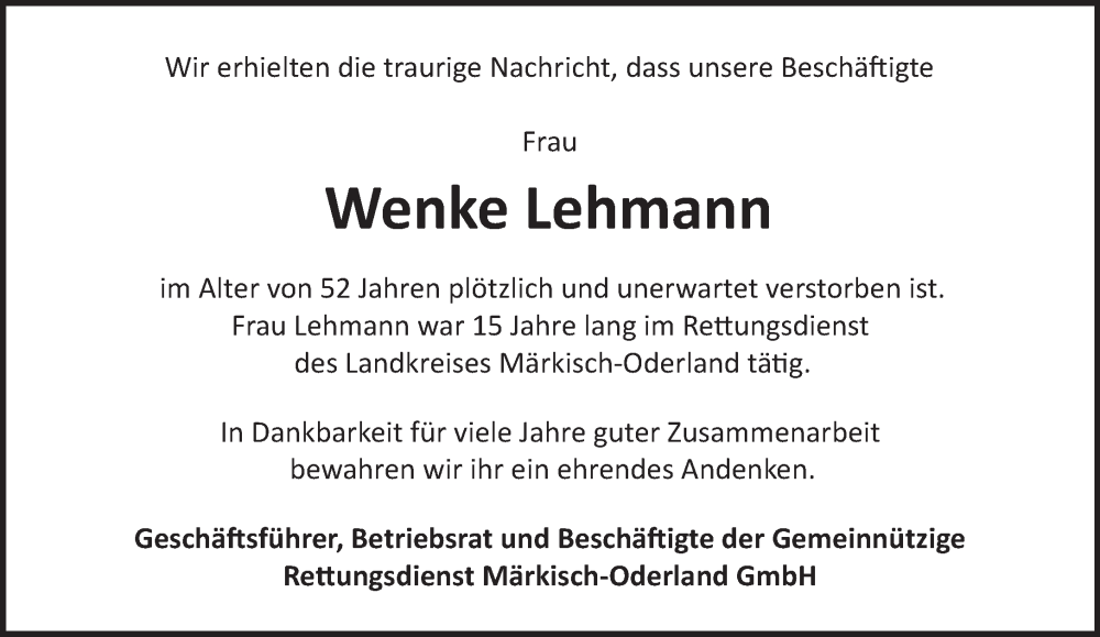  Traueranzeige für Wenke Lehmann vom 27.08.2022 aus Märkische Oderzeitung