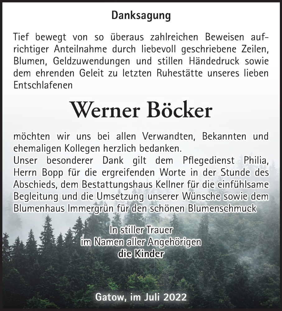 Traueranzeige für Werner Böcker vom 07.08.2022 aus Märkische Oderzeitung
