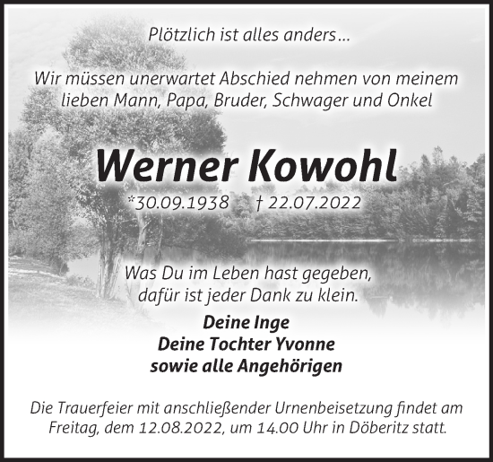 Traueranzeige von Werner Kowohl von Märkische Oderzeitung