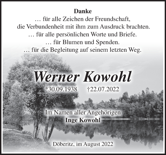 Traueranzeige von Werner Kowohl von Märkische Oderzeitung