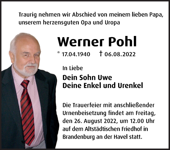 Traueranzeige von Werner Pohl von Märkische Oderzeitung