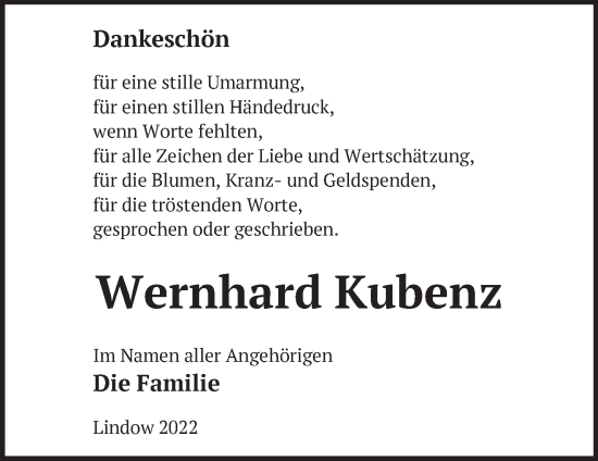 Traueranzeige von Wernhard Kubenz von Märkische Oderzeitung