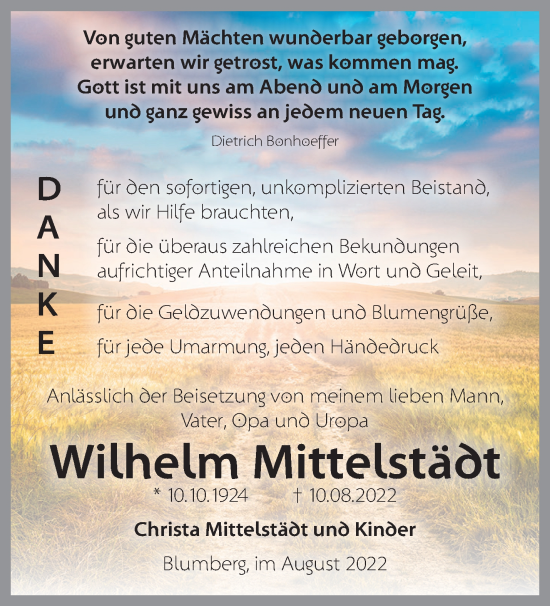 Traueranzeige von Wilhelm Mittelstäbt von Märkische Oderzeitung