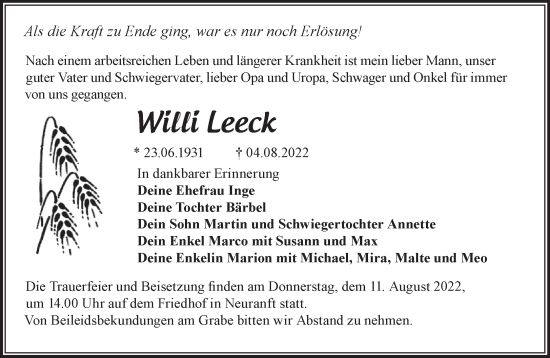 Traueranzeige von Willi Leeck von Märkische Oderzeitung