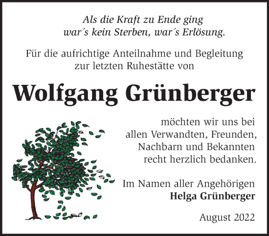 Traueranzeige von Wolfgang Grünberger von Märkische Oderzeitung