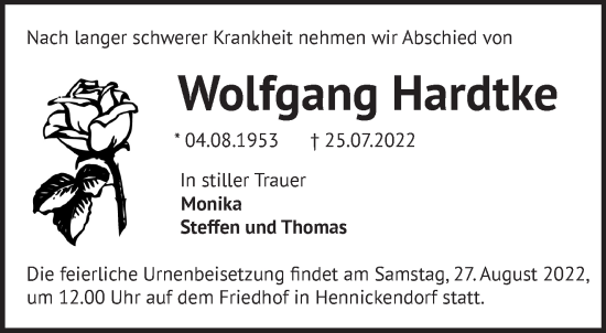 Traueranzeige von Wolfgang Hardtke von Märkische Oderzeitung