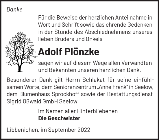 Traueranzeige von Adolf Plönzke von Märkische Oderzeitung