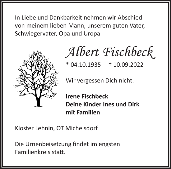 Traueranzeige von Albert Fischbeck von Märkische Oderzeitung