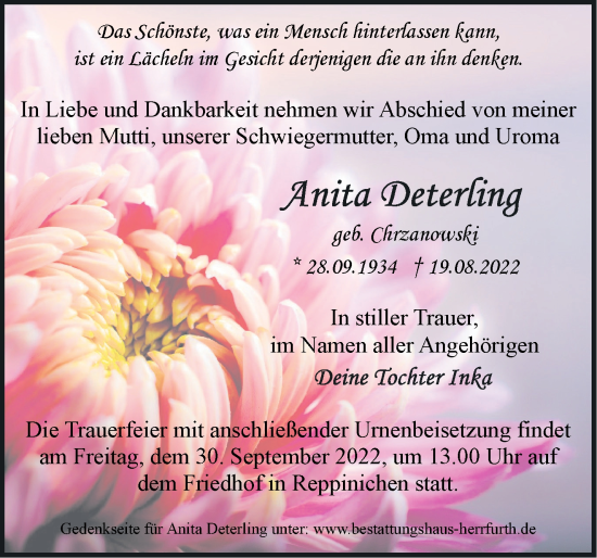 Traueranzeige von Anita Detering von Märkische Oderzeitung