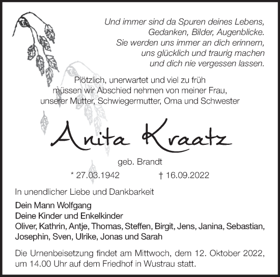 Traueranzeige von Anita Kraatz von Märkische Oderzeitung