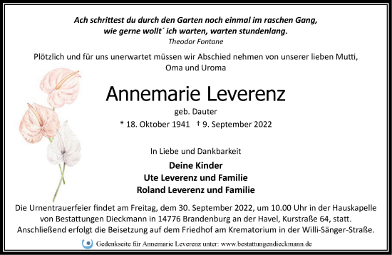 Traueranzeige von Annemarie Leverenz von Märkische Oderzeitung