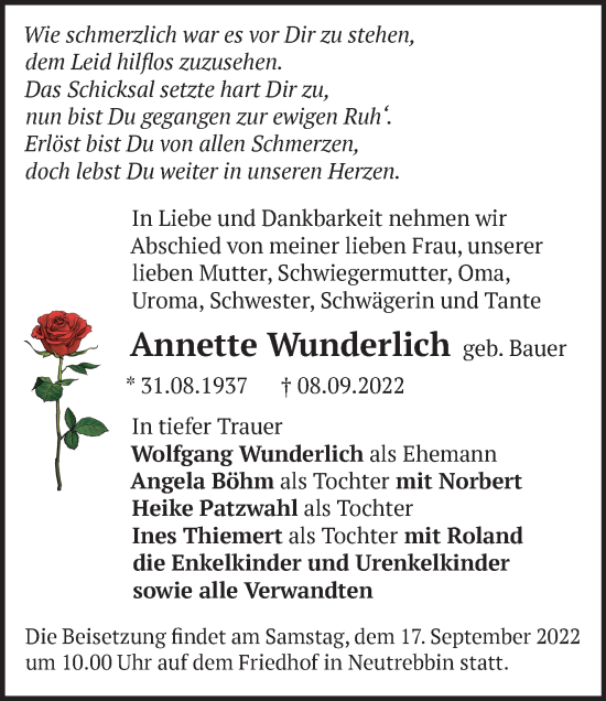 Traueranzeige von Annette Wunderlich von Märkische Oderzeitung