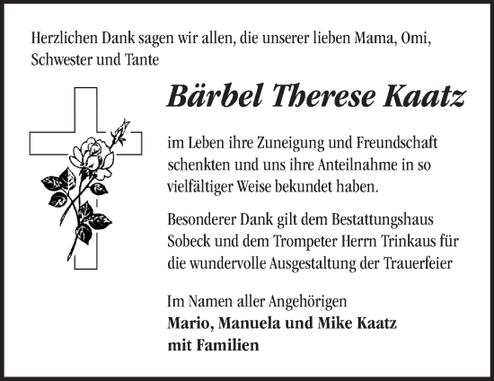 Traueranzeige von Bärbel Therese Kaatz von Märkische Oderzeitung