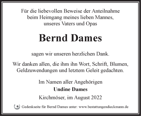 Traueranzeige von Bernd Dames von Märkische Oderzeitung