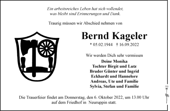 Traueranzeige von Bernd Kageler von Märkische Oderzeitung