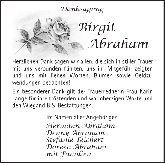 Traueranzeige von Birgit Abraham von Märkische Oderzeitung