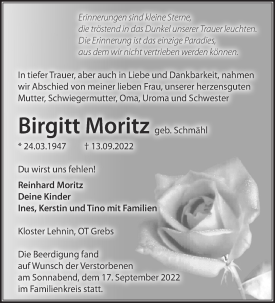 Traueranzeige von Birgitt Moritz von Märkische Oderzeitung