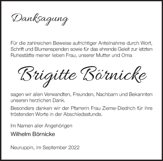 Traueranzeige von Brigitte Börnicke von Märkische Oderzeitung