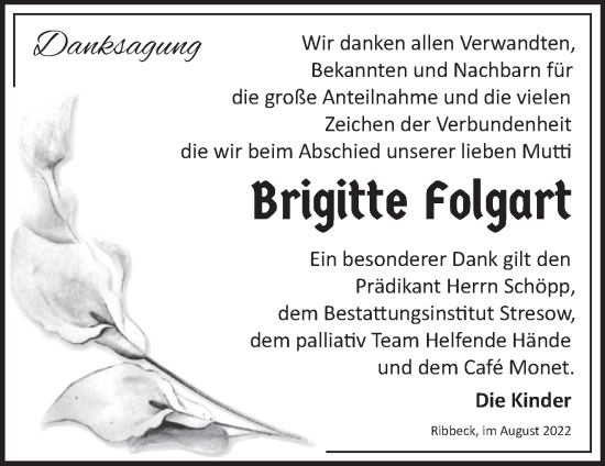 Traueranzeige von Brigitte Folgart von Märkische Oderzeitung