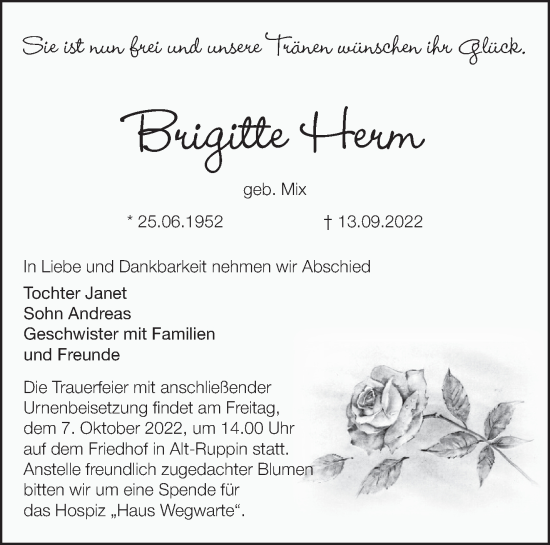 Traueranzeige von Brigitte Herm von Märkische Oderzeitung