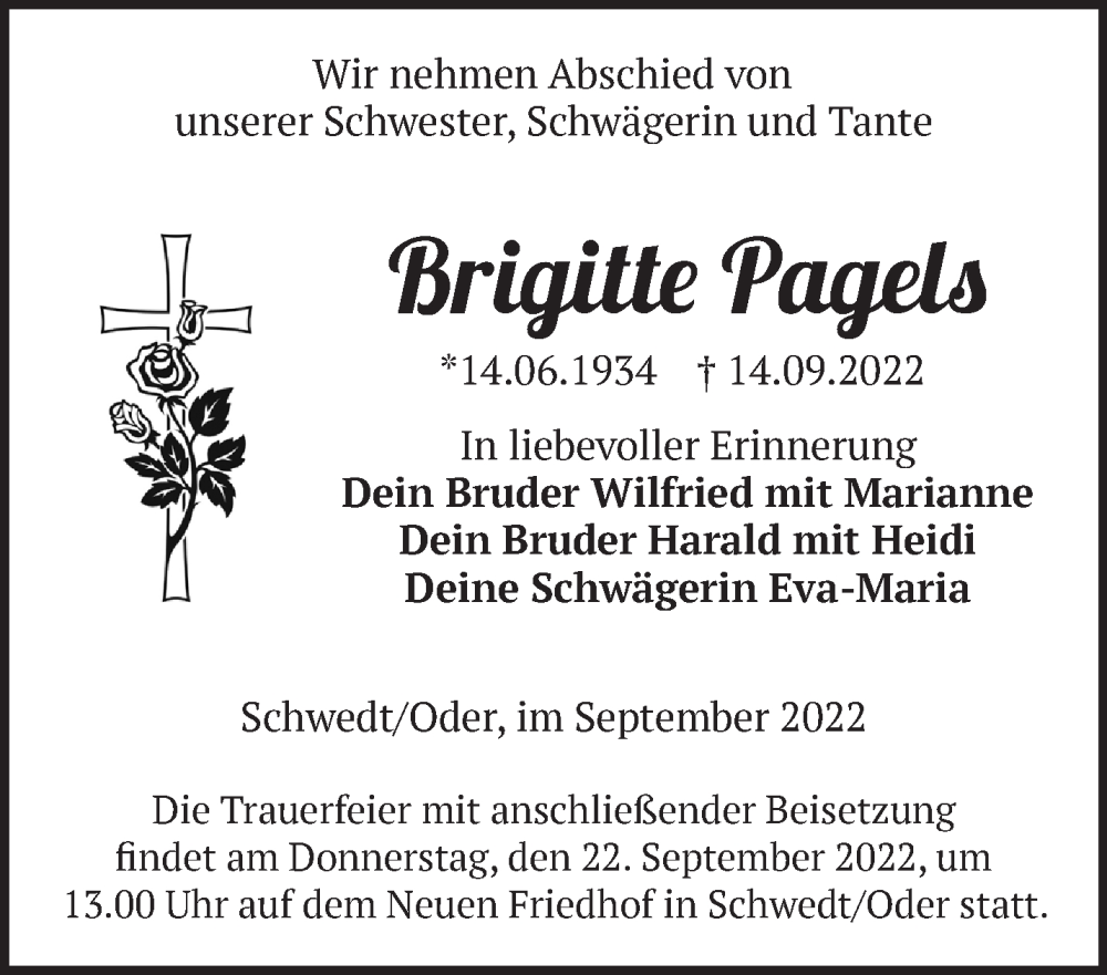  Traueranzeige für Brigitte Pagels vom 17.09.2022 aus Märkische Oderzeitung