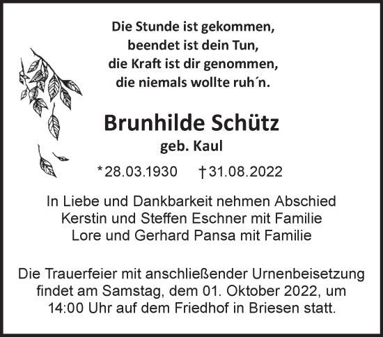 Traueranzeige von Brunhilde Schütz von Märkische Oderzeitung