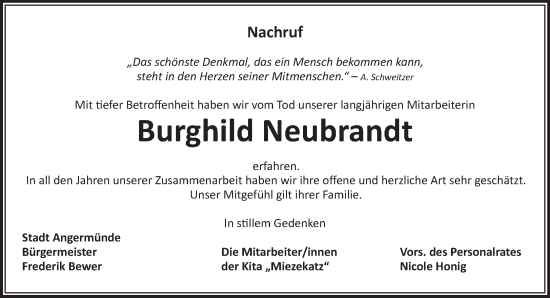 Traueranzeige von Burghild Neubrandt von Märkische Oderzeitung