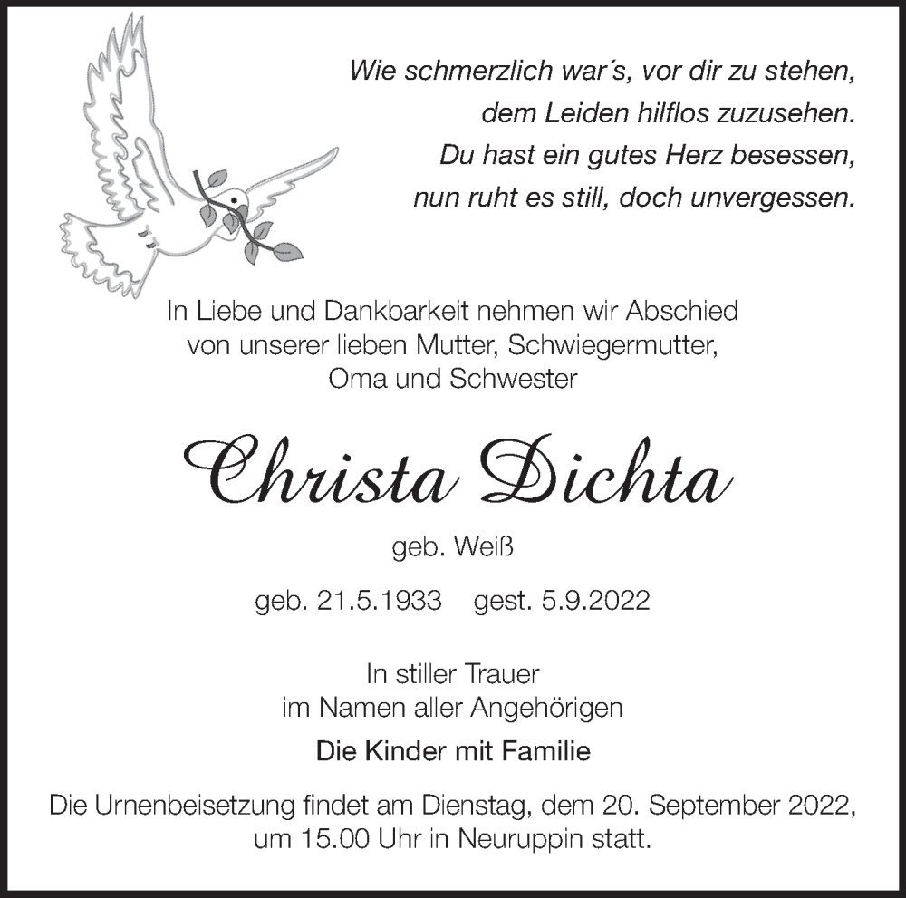 Traueranzeigen Von Christa Dichta Märkische Onlinezeitung Trauerportal 