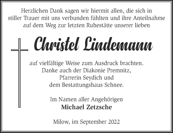 Traueranzeige von Christel Lindemann von Märkische Oderzeitung