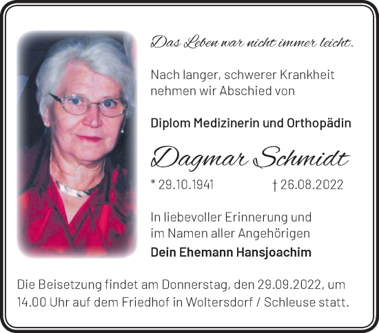 Traueranzeige von Dagmar Schmidt von Märkische Oderzeitung