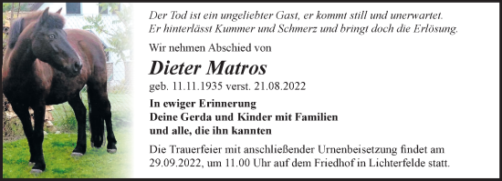 Traueranzeige von Dieter Matros von Märkische Oderzeitung