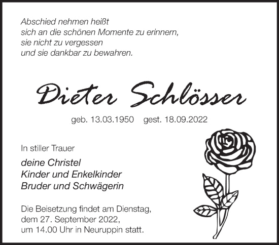 Anzeige Dieter Schlösser