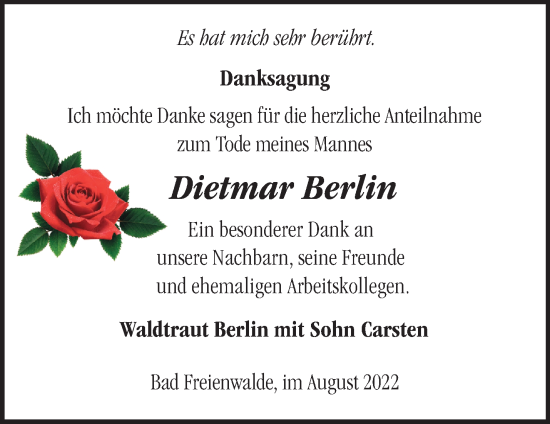 Traueranzeige von Dietmar Berlin von Märkische Oderzeitung