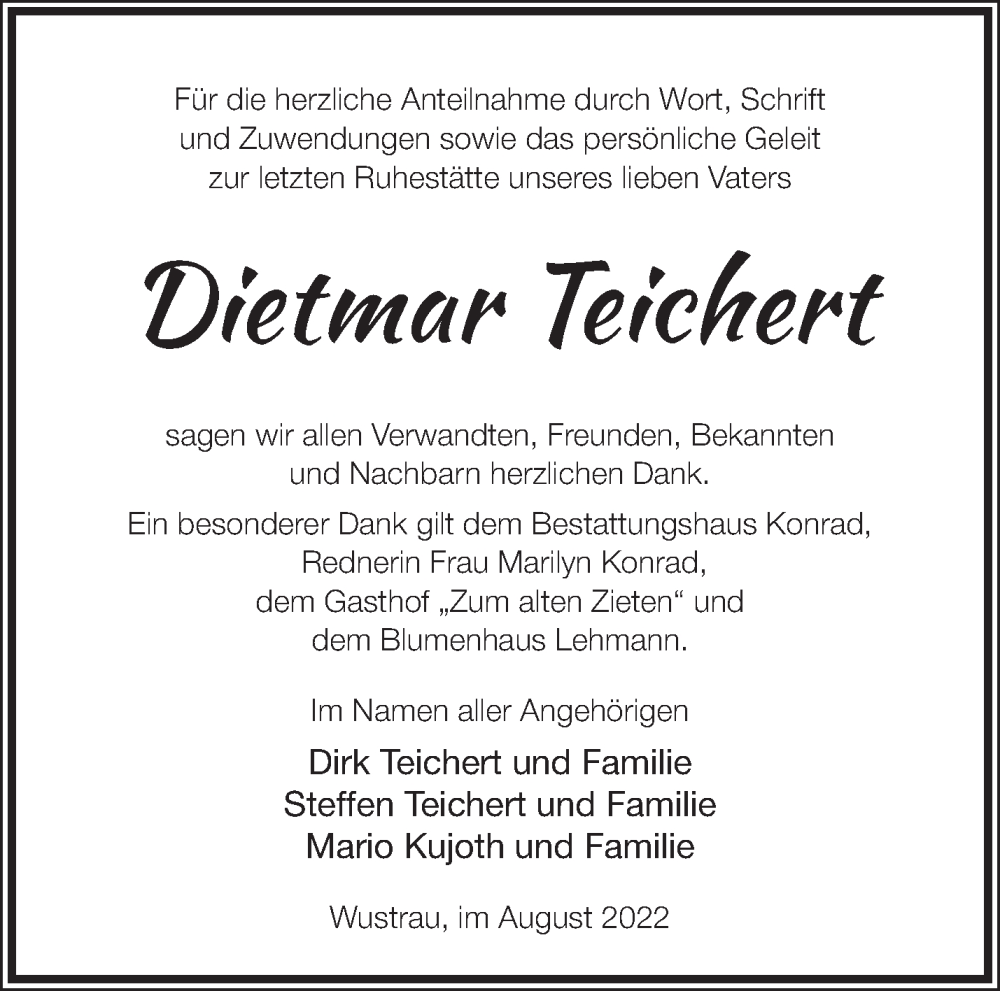  Traueranzeige für Dietmar Teichert vom 03.09.2022 aus Märkische Oderzeitung